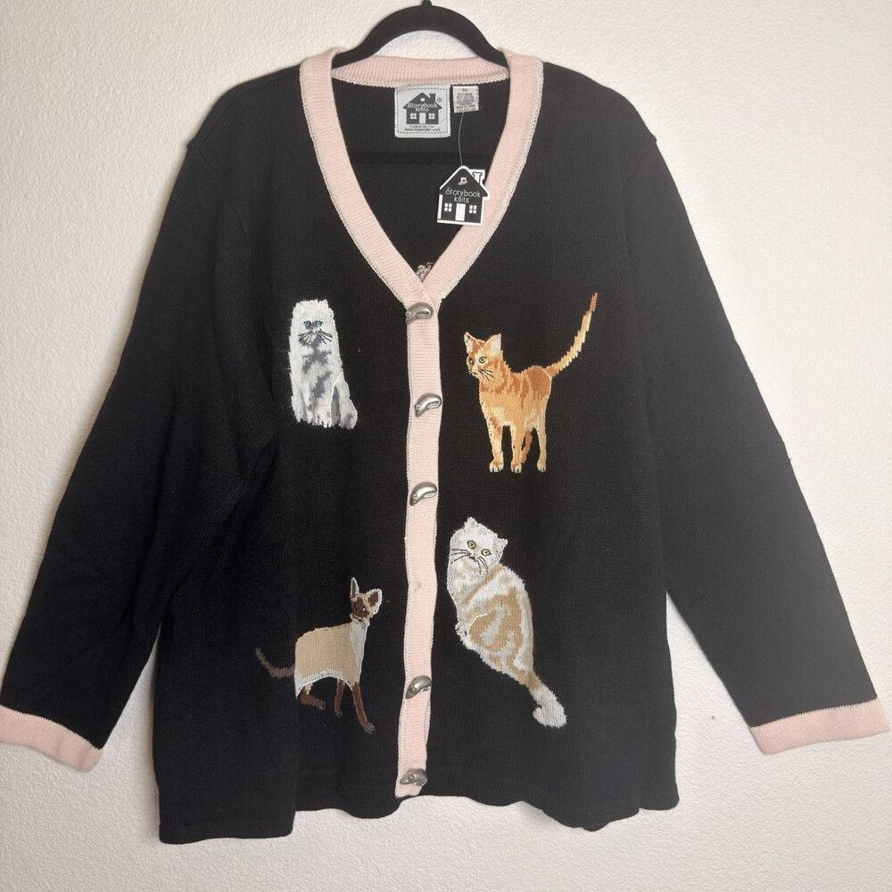 Storybook Knits Cat Show Cardigan Sweater 3X Black Mouse Buttons Grannycore NWT